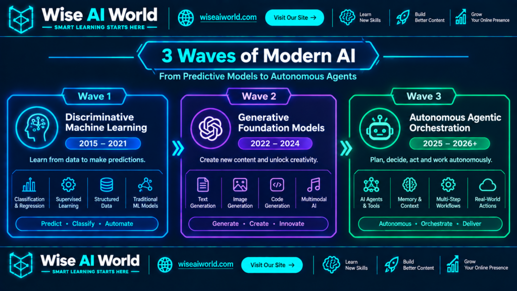 Wise AI World timeline showing the evolution of artificial intelligence from Discriminative Machine Learning (2015–2021), through Generative Foundation Models (2022–2024), to Autonomous Agentic Orchestration (2025–2026+).