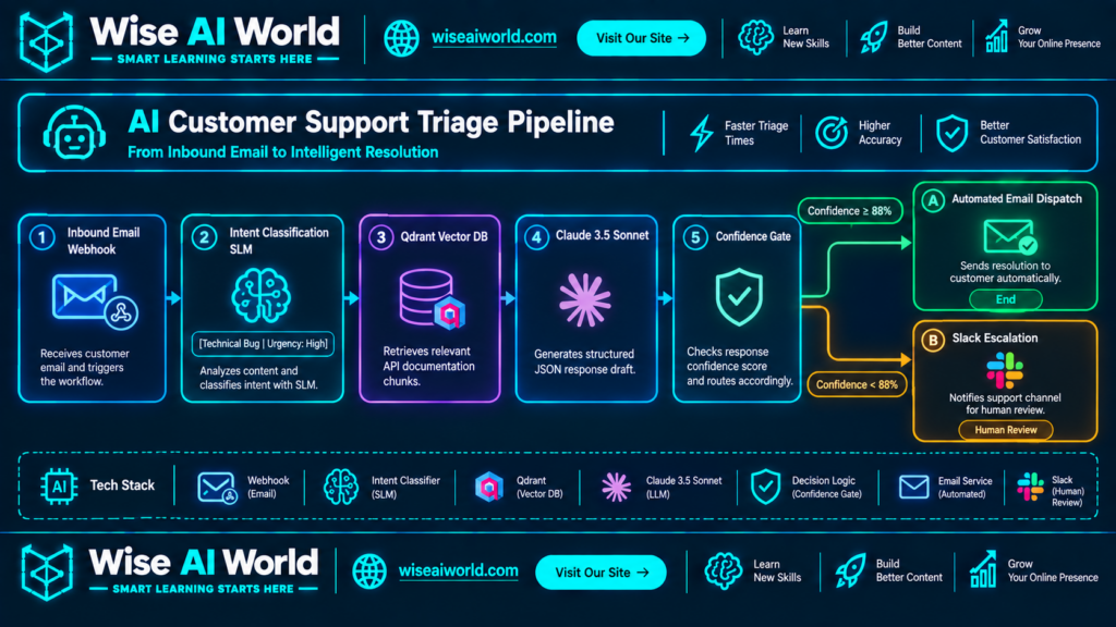 Wise AI World technical flowchart showing an AI customer support pipeline from inbound email webhook through intent classification, Qdrant vector search, Claude 3.5 Sonnet response generation, and an 88% confidence gate leading to automated email dispatch or Slack human review.