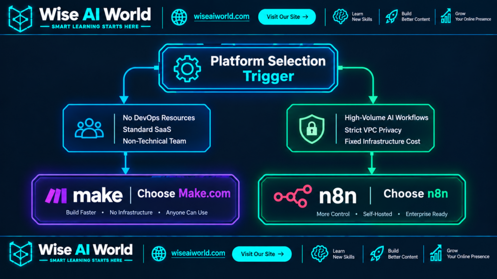 Wise AI World decision tree comparing Make.com and n8n: choose Make.com for teams without DevOps resources, standard SaaS needs, or non-technical users; choose n8n for high-volume AI workflows, strict VPC privacy, and fixed infrastructure costs.