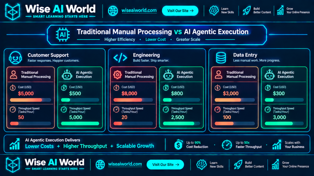Wise AI World infographic comparing traditional manual processing with AI agentic execution across customer support, engineering, and data entry using cost and tasks-per-hour metrics.