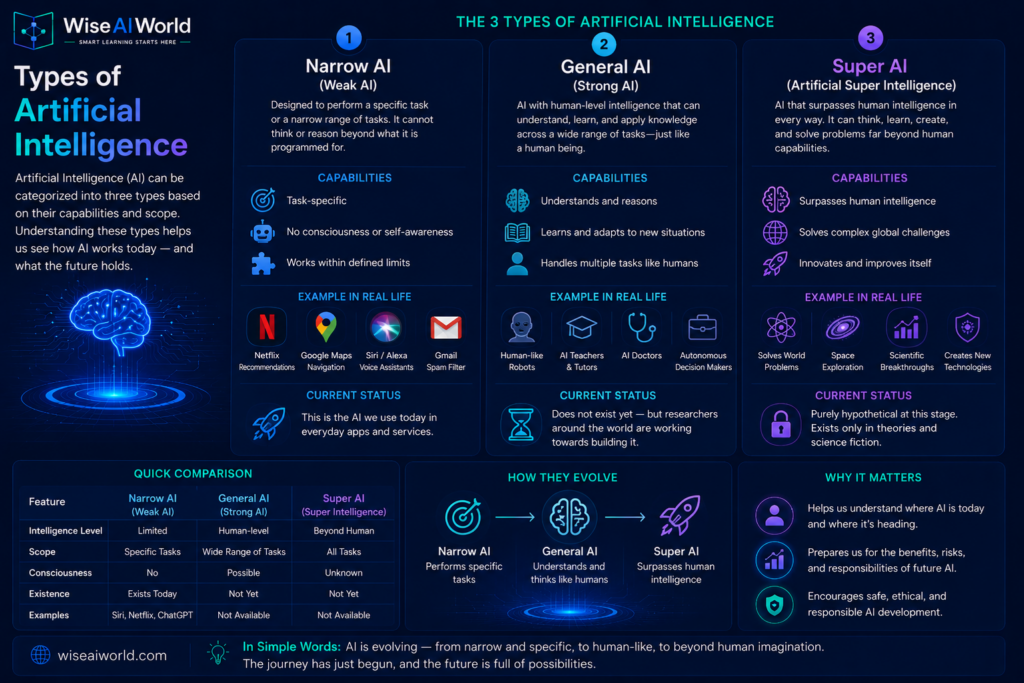 Types of artificial intelligence narrow AI general AI and super AI explained