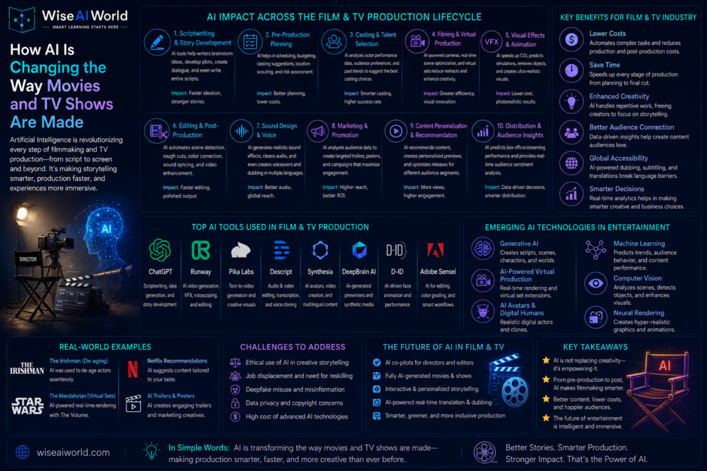 Infographic illustrating how artificial intelligence is transforming movie and TV production through AI-powered scriptwriting, virtual production, visual effects, editing, dubbing, content personalization, and intelligent filmmaking technologies.