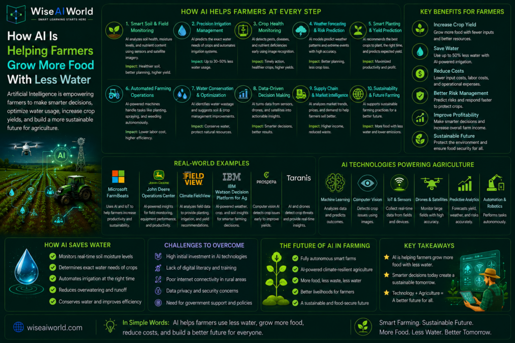 Infographic showing how artificial intelligence helps farmers grow more food with less water using precision irrigation, smart farming, AI-powered crop monitoring, predictive analytics, drones, IoT sensors, and sustainable agriculture technologies.