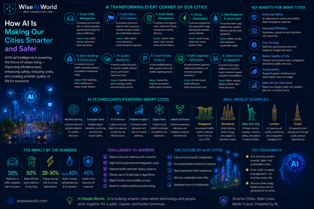 Infographic illustrating how artificial intelligence is making cities smarter and safer through smart traffic management, public safety monitoring, waste management, energy optimization, IoT sensors, predictive analytics, and AI-powered urban infrastructure.