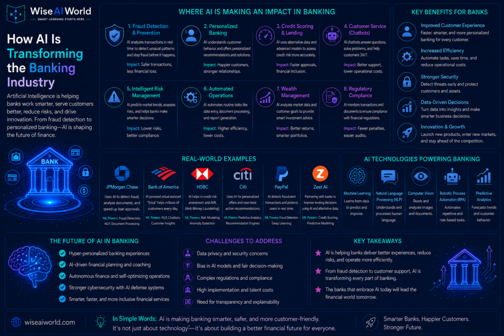 Modern infographic illustrating how artificial intelligence is transforming the banking industry through fraud detection, personalized banking, credit scoring, chatbots, automation, risk management, predictive analytics, and AI-powered financial services.