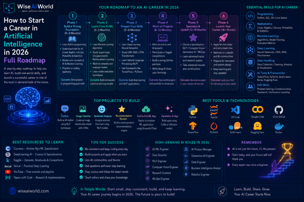 Comprehensive AI career roadmap infographic for 2026 showing learning phases, essential skills, AI tools, projects, career paths, and resources for beginners starting a career in artificial intelligence.