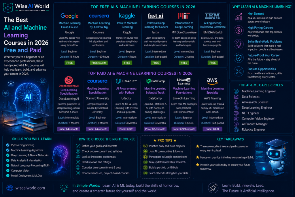 Infographic showcasing the best free and paid AI and Machine Learning courses in 2026, including beginner and advanced learning paths, online certifications, Python, deep learning, NLP, data science, and career-focused AI education resources.