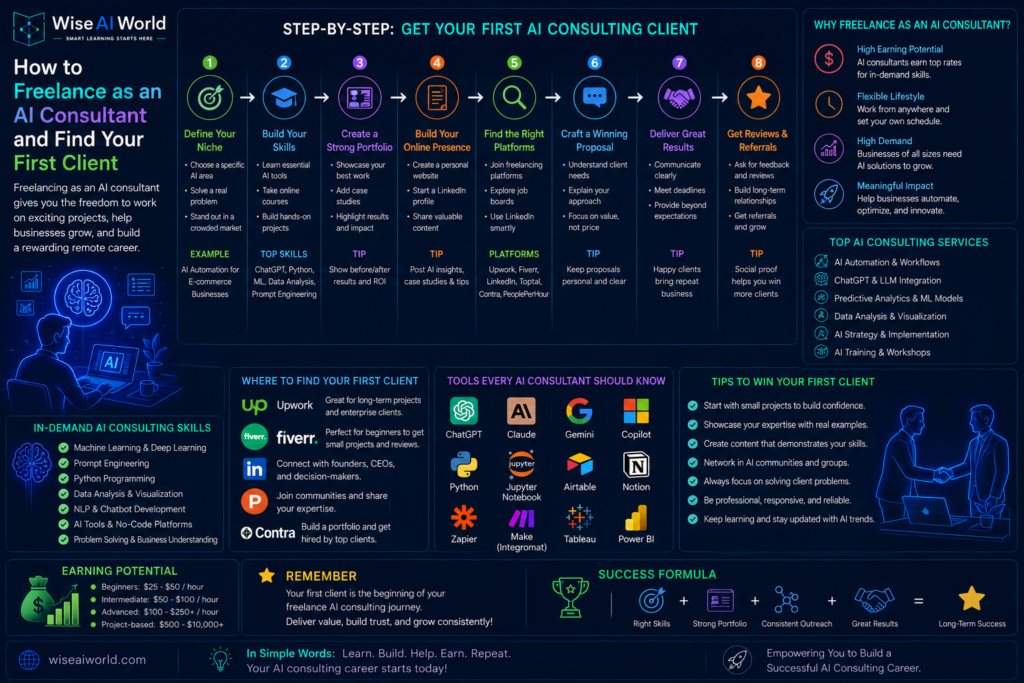 Infographic showing a step-by-step guide to becoming an AI consultant, building an AI portfolio, finding freelance clients, AI consulting skills, tools, platforms, and strategies for landing the first AI consulting project.