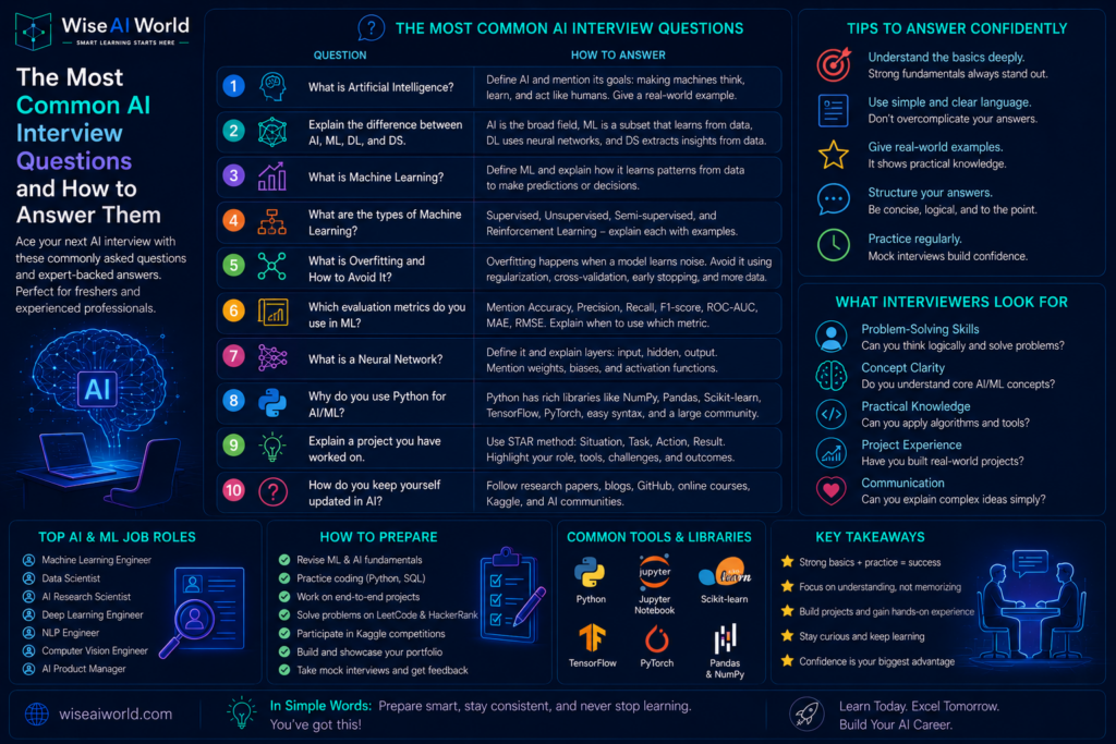 Infographic showing the most common AI interview questions, sample answers, preparation tips, AI job roles, machine learning concepts, and key interview success strategies for 2026.