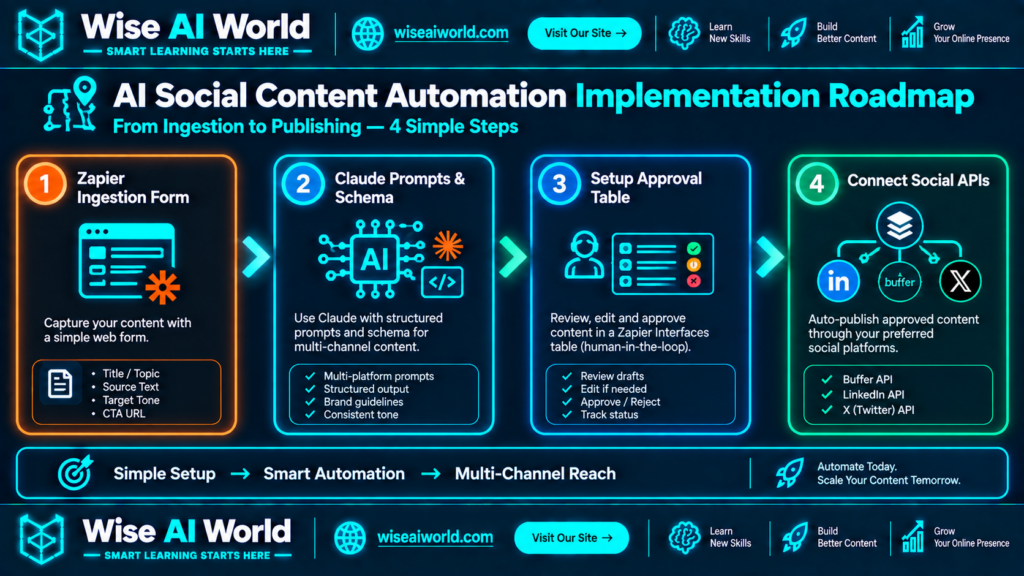 Four-step AI social content automation roadmap showing Zapier ingestion, Claude prompts and schema, approval table review, and social API connections.