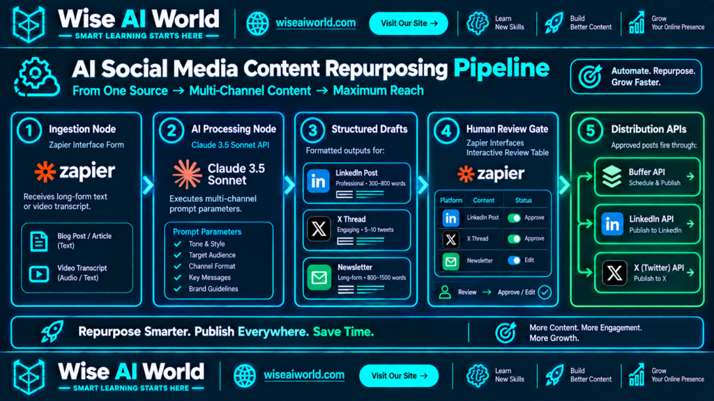 Technical AI social media content repurposing workflow showing content ingestion through Zapier, Claude 3.5 Sonnet processing, structured drafts, human review, and automated publishing through Buffer, LinkedIn, and X APIs.