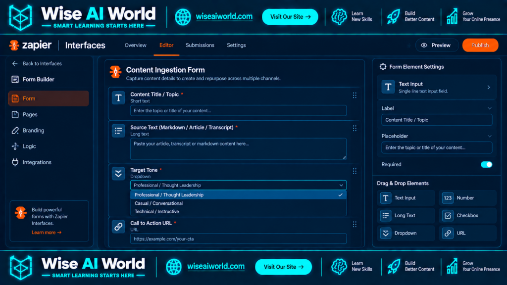 Dark-mode Zapier Interfaces form builder showing a Content Ingestion Form with fields for content title, source text, target tone, and call-to-action URL.