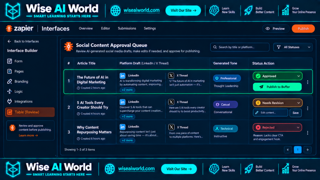 Dark-mode Zapier Interfaces review table showing AI-generated social content drafts with Approved, Needs Revision, and Rejected statuses and publishing actions.
