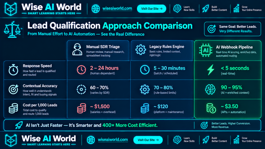 AI lead qualification benchmark comparing manual SDR triage, legacy rules engine, and AI webhook pipeline