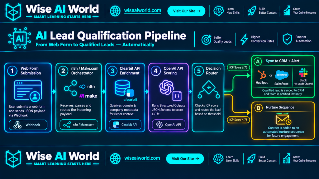 AI lead qualification pipeline showing web form submission, n8n or Make orchestration, Clearbit enrichment, OpenAI scoring, and CRM routing