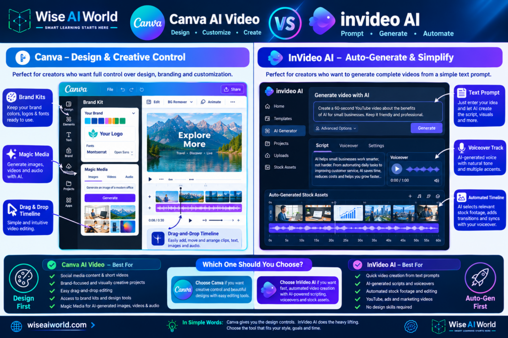 Canva AI Video vs InVideo AI interface comparison diagram highlighting design controls versus automated video generation