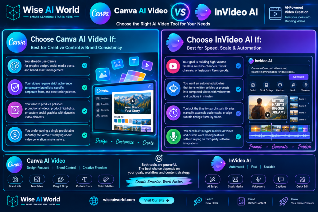 Canva AI Video vs InVideo AI comparison showing when to choose each tool for design control, branding, automation, and high-volume video creation