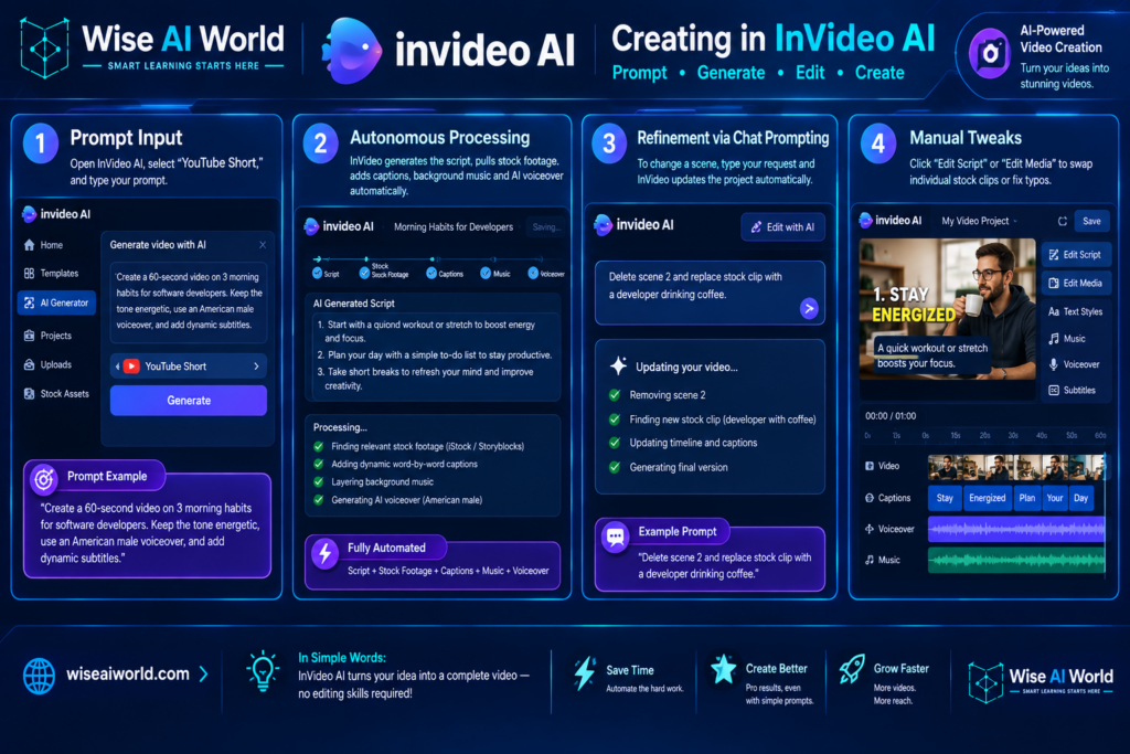 InVideo AI video creation workflow showing prompt input, automated script and stock footage generation, chat-based refinement, and manual editing