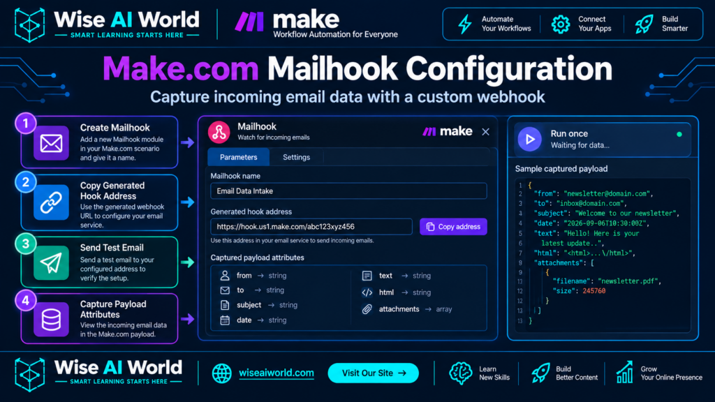 Make.com Mailhook configuration showing generated hook address and captured email payload attributes
