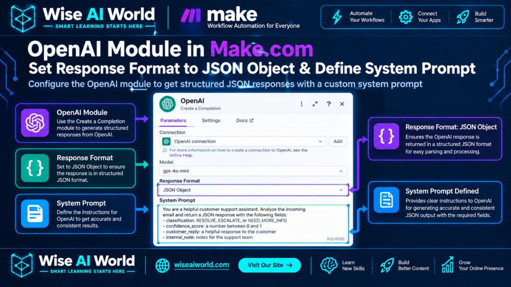 Make.com OpenAI module showing JSON Object response format and system prompt configuration