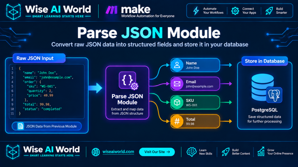 Make.com Parse JSON Module converting raw JSON into structured Name, Email, SKU, and Total fields for PostgreSQL