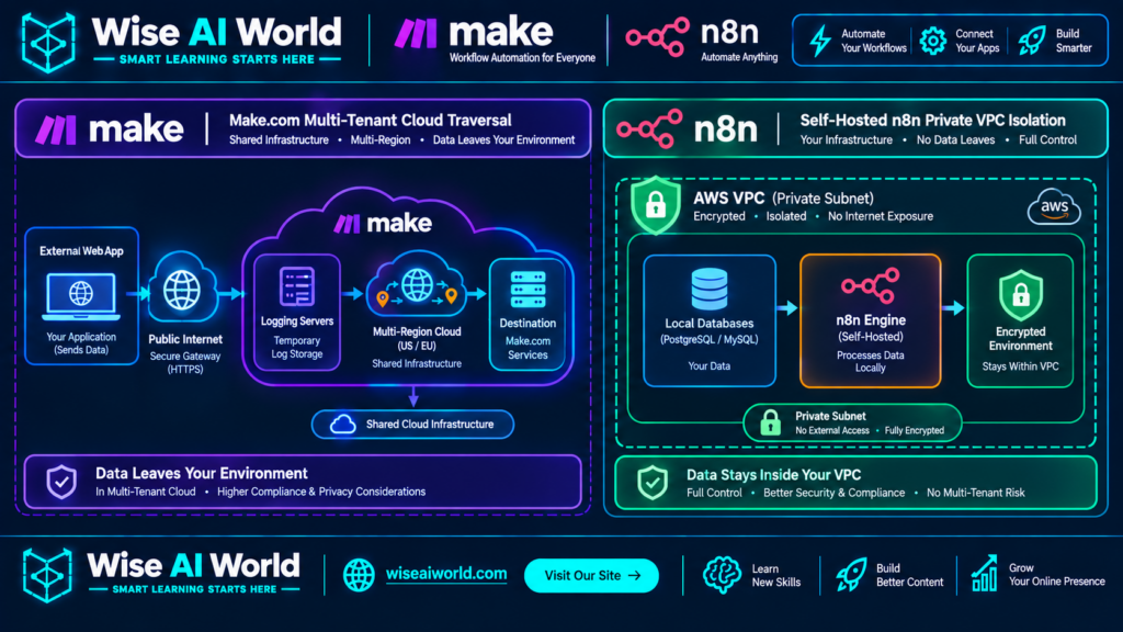 Make.com multi-tenant cloud vs self-hosted n8n private VPC security architecture comparison