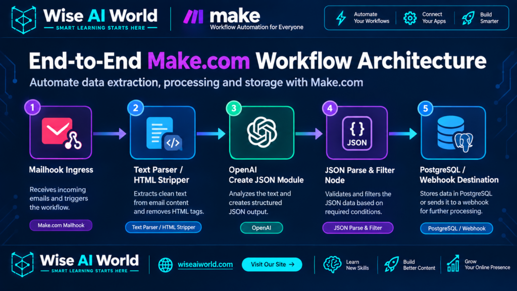 End-to-end Make.com workflow architecture showing Mailhook, text parsing, OpenAI JSON creation, JSON filtering, and PostgreSQL or webhook destination