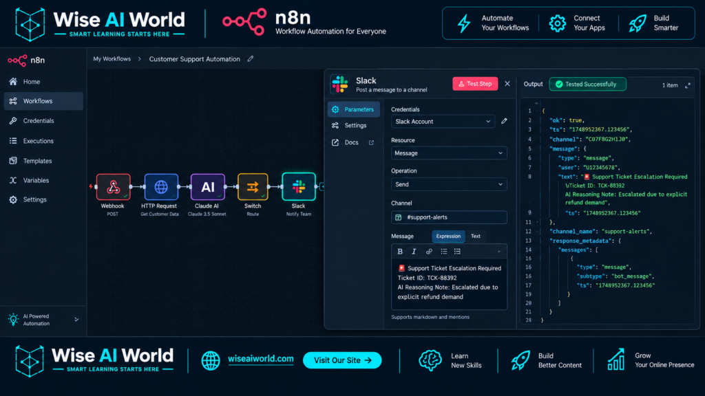 n8n Slack Node configuration showing a formatted support ticket escalation message and successful JSON output