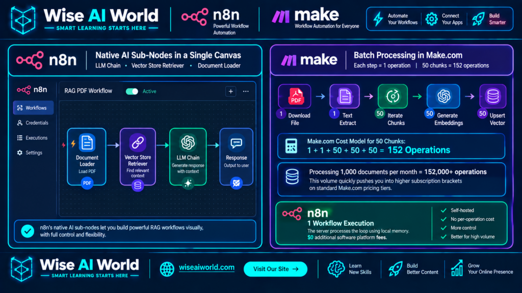 n8n vs Make.com AI workflow comparison showing RAG PDF processing, native AI sub-nodes, and batch operation usage