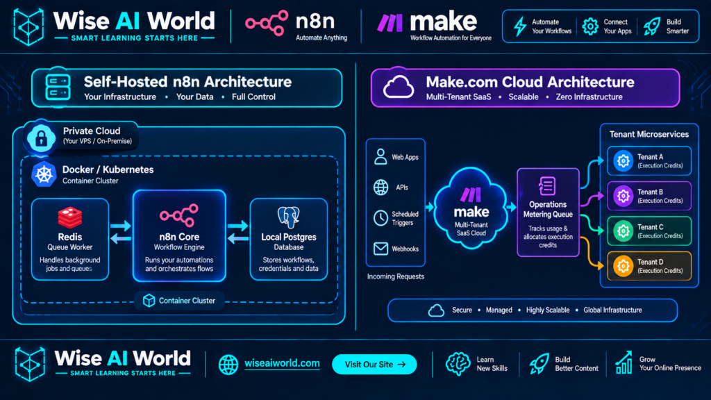 Self-hosted n8n vs Make.com cloud architecture comparison showing Docker Kubernetes, Redis, PostgreSQL, metering queue, and tenant services