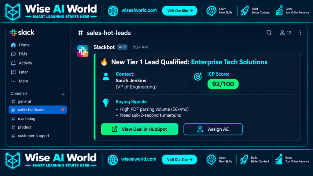 Slack hot leads notification showing an AI-qualified enterprise lead with ICP score and buying signals