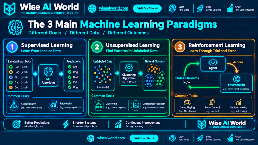 Infographic comparing supervised, unsupervised, and reinforcement learning with labeled data, clustering, and agent-environment feedback loops.