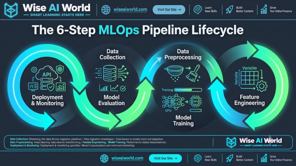 6-step MLOps pipeline lifecycle diagram showing data collection, preprocessing, feature engineering, model training, evaluation, and deployment by Wise AI World.