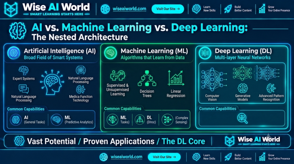 AI vs Machine Learning vs Deep Learning nested architecture diagram showing artificial intelligence umbrella, machine learning algorithms, and deep learning core by Wise AI World.