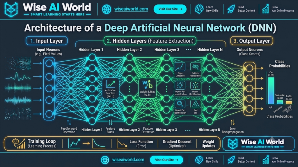 Deep artificial neural network architecture diagram displaying input layer, multiple hidden layers for feature extraction, and output layer with class probabilities by Wise AI World.