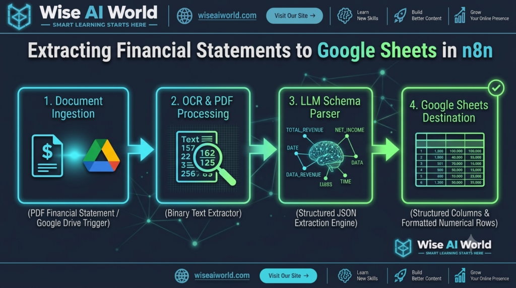 Extracting financial statements to Google Sheets in n8n architectural diagram by Wise AI World