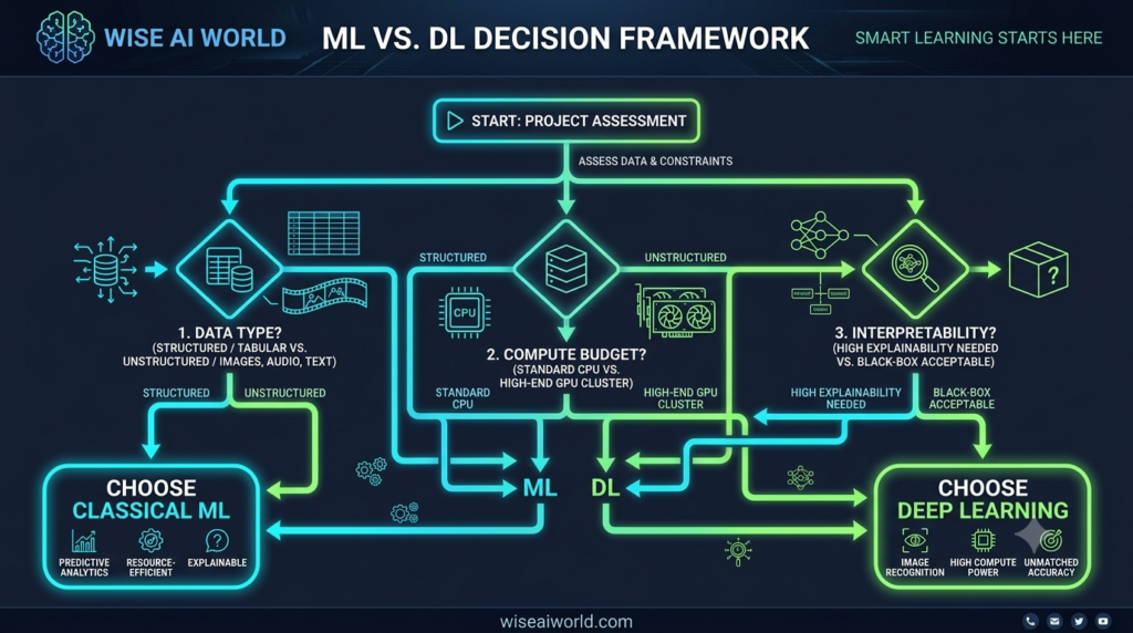 Machine Learning vs Deep Learning architectural decision matrix flowchart diagram by Wise AI World