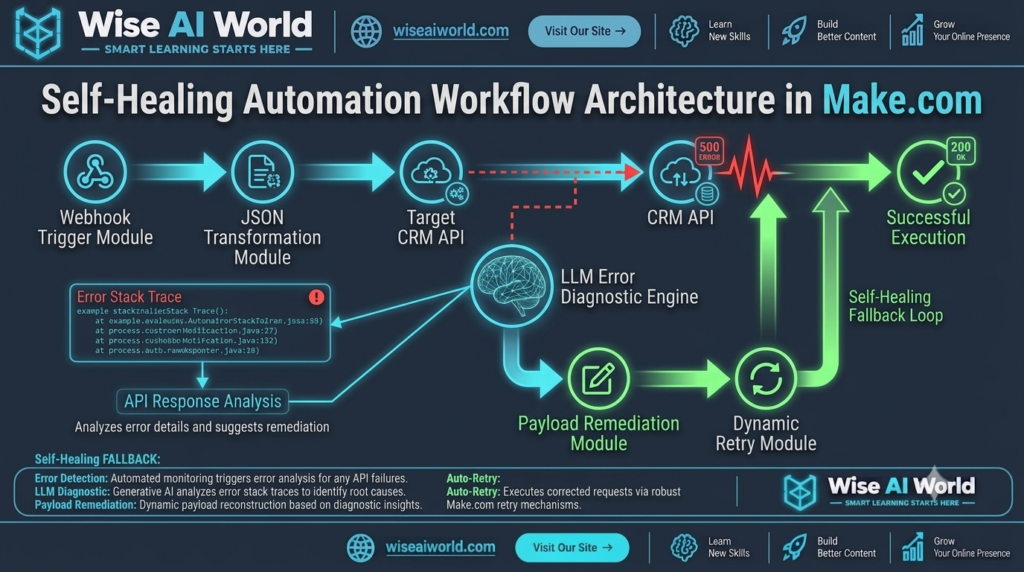 Make.com self-healing automation workflow architecture diagram with LLM error diagnostic engine and payload remediation, by Wise AI World.