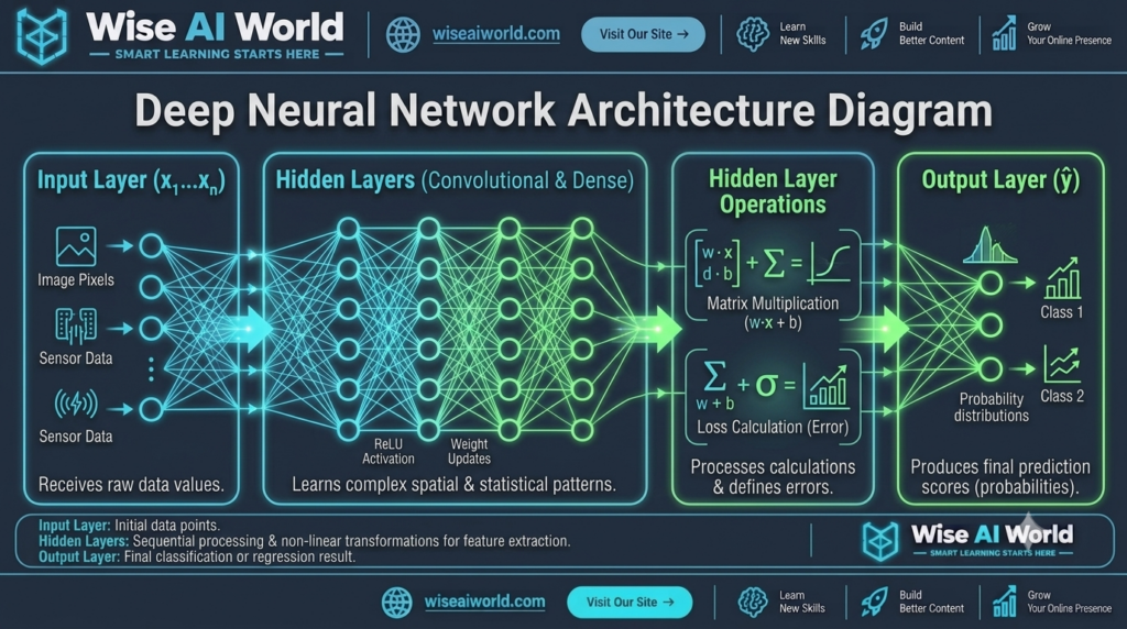 Multi-layer artificial neural network architecture diagram showing input layer, hidden layers, and output layer by Wise AI World.