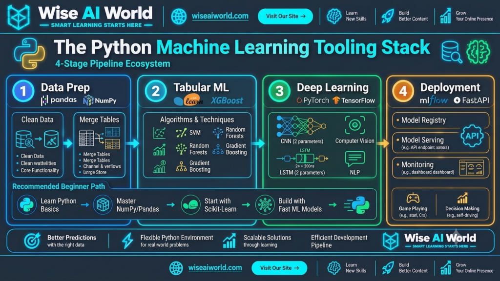 Machine Learning ecosystem and Python software tooling stack diagram featuring Pandas, Scikit-Learn, PyTorch, and MLflow by Wise AI World.