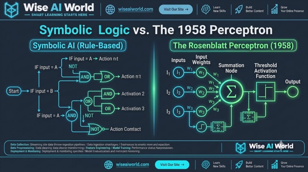 Architectural comparison diagram between Symbolic AI rule-based logic trees and Frank Rosenblatt's 1958 Perceptron neural model by Wise AI World