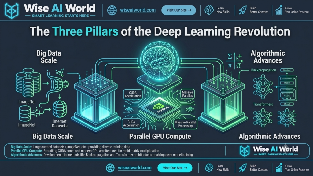 Architectural graphic showing the three pillars of the Deep Learning revolution—Big Data Scale, Parallel GPU Compute, and Algorithmic Advances—supporting a glowing neural network sphere, by Wise AI World.