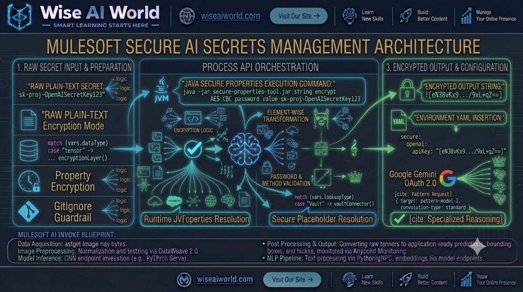Step-by-step workflow diagram for encrypting and configuring sensitive API keys using the MuleSoft Secure Properties Tool by Wise AI World