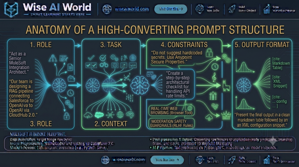 Diagram breaking down the 5 essential components of an effective ChatGPT prompt: Role, Context, Task, Constraints, and Output Format by Wise AI World.