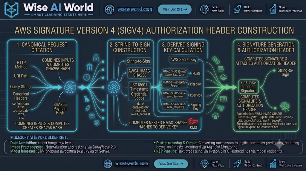 Flowchart diagram showing the 4-step AWS SigV4 canonical request hash and signature generation process inside MuleSoft by Wise AI World.
