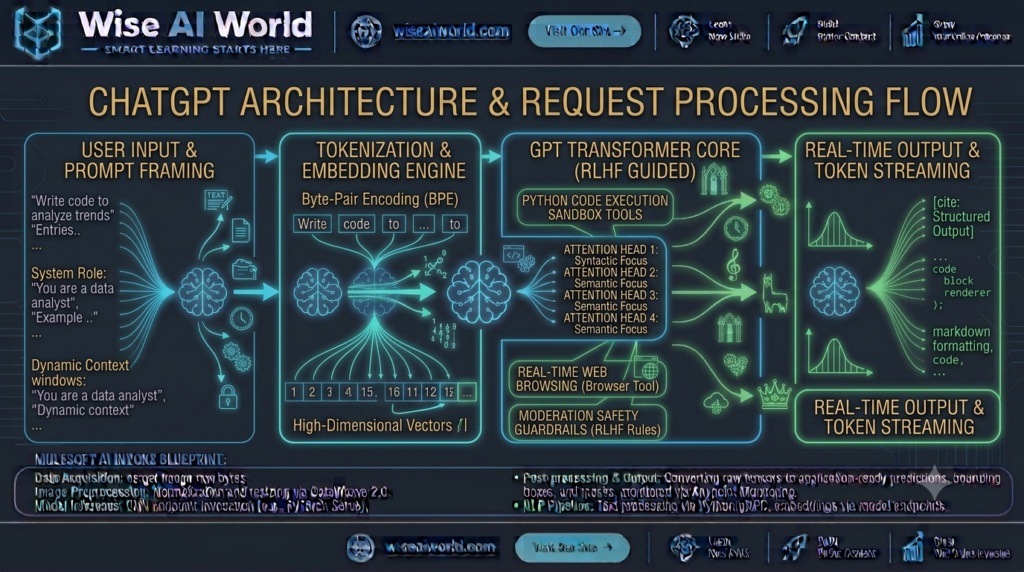 End-to-end ChatGPT architectural workflow showing prompt input, tokenization, GPT Transformer processing, and real-time response generation by Wise AI World.