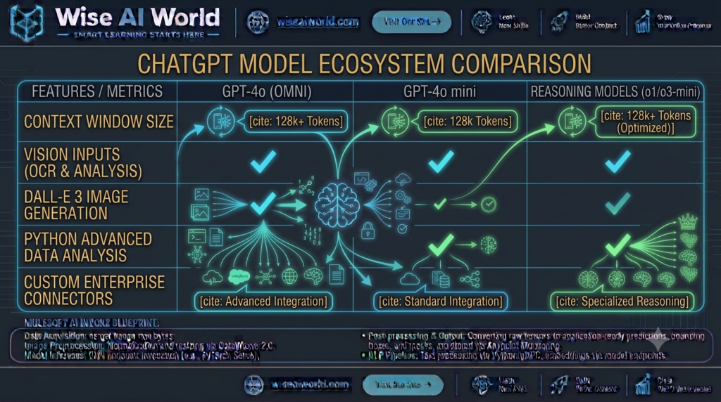 Comparison chart showing ChatGPT models, vision capabilities, web browsing, code execution, and Custom GPTs by Wise AI World.