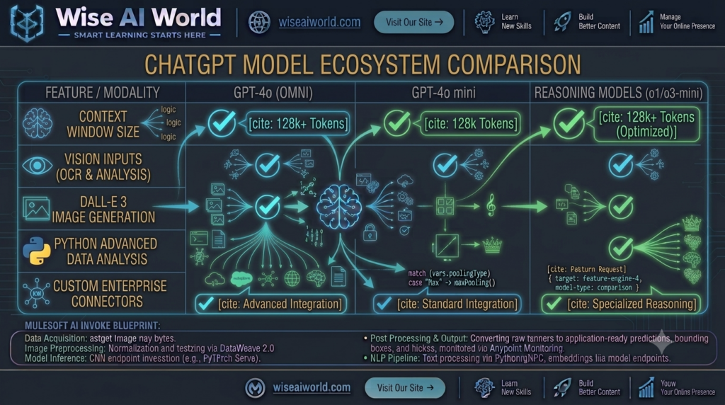 Comparison chart showing ChatGPT models, vision capabilities, web browsing, code execution, and Custom GPTs by Wise AI World