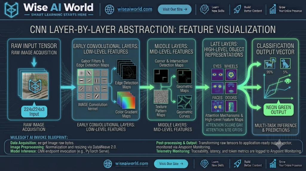 Hierarchical feature extraction diagram in Convolutional Neural Networks (CNNs) from low-level edges to high-level object classes by Wise AI World.
