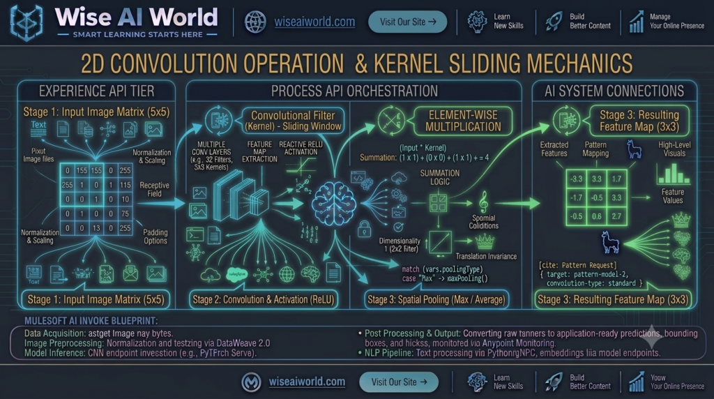 Mathematical diagram illustrating a 3x3 convolution kernel sliding over a 5x5 input image matrix to produce a feature map by Wise AI World.
